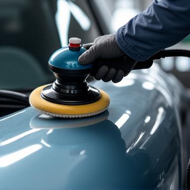 폴리셔로 차량 표면을 작업하는 모습